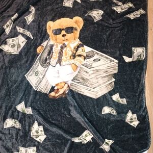 Black Sherpa Blanket with Make It Rain Money Bear Design